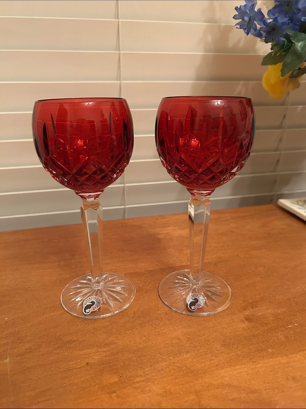 Waterford Crystal Ruby Red Cut Crystal Wine Goblets, Set of 2